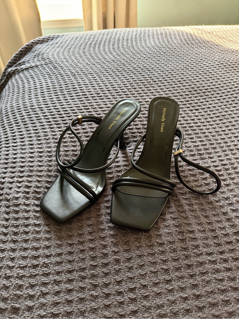 Black Square-Toe Strappy Heeled Sandals